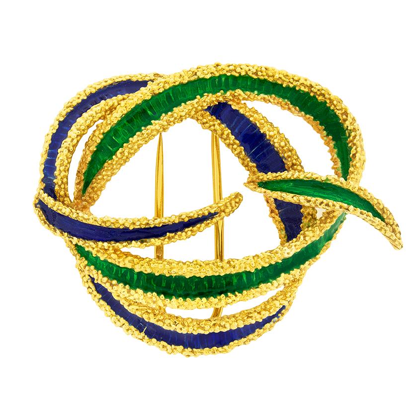 Vintage French Enamel Ribbon Brooch, c.1960s In Good Condition For Sale In London, GB