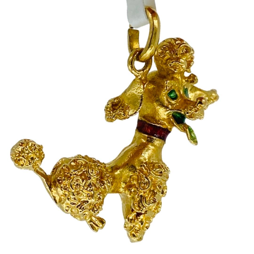 French Enameled Poodle Charm Pendant One Inch 18k Gold  In Excellent Condition For Sale In Miami, FL