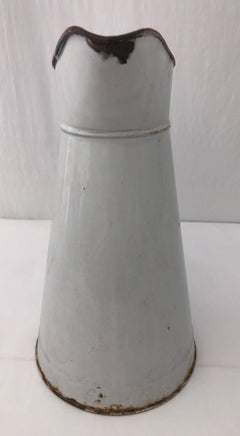 Vintage French Enamelware Large Pitcher, White With Red Handle