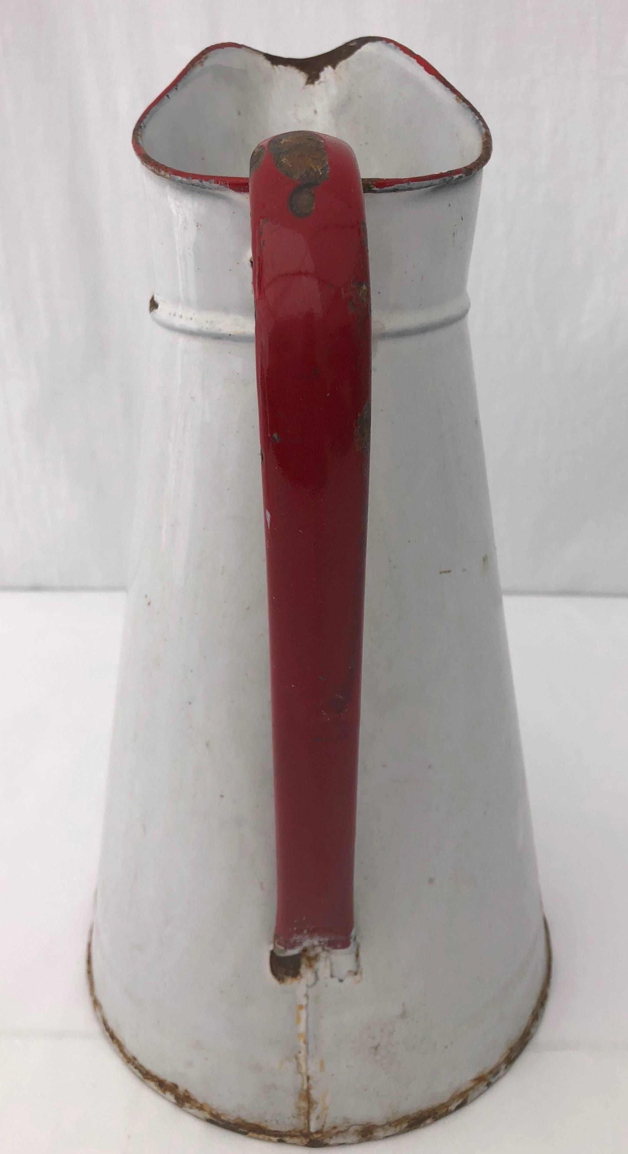 Enameled Vintage French Enamelware Large Pitcher, White With Red Handle For Sale