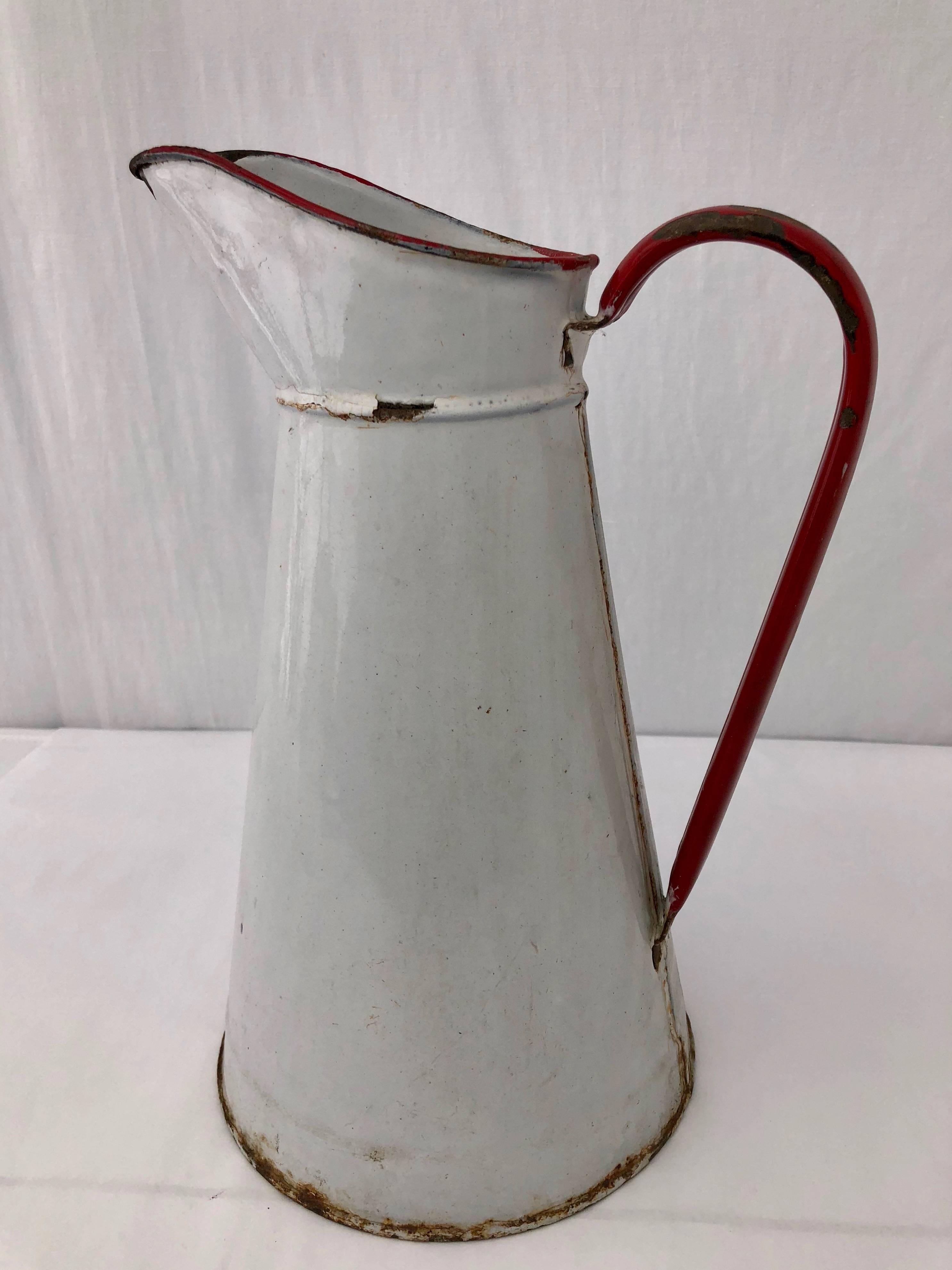 Vintage French Enamelware Large Pitcher, White With Red Handle In Fair Condition For Sale In Petaluma, CA