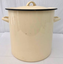 Vintage French Enamelware Large Yellow Pot with Its Original Black Trimmed Lid
