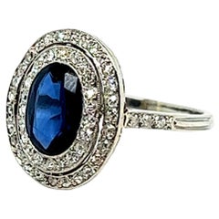 Französischer Verlobungsring, ovaler Cluster, blauer Saphir 2,5 Karat Platin Diamanten