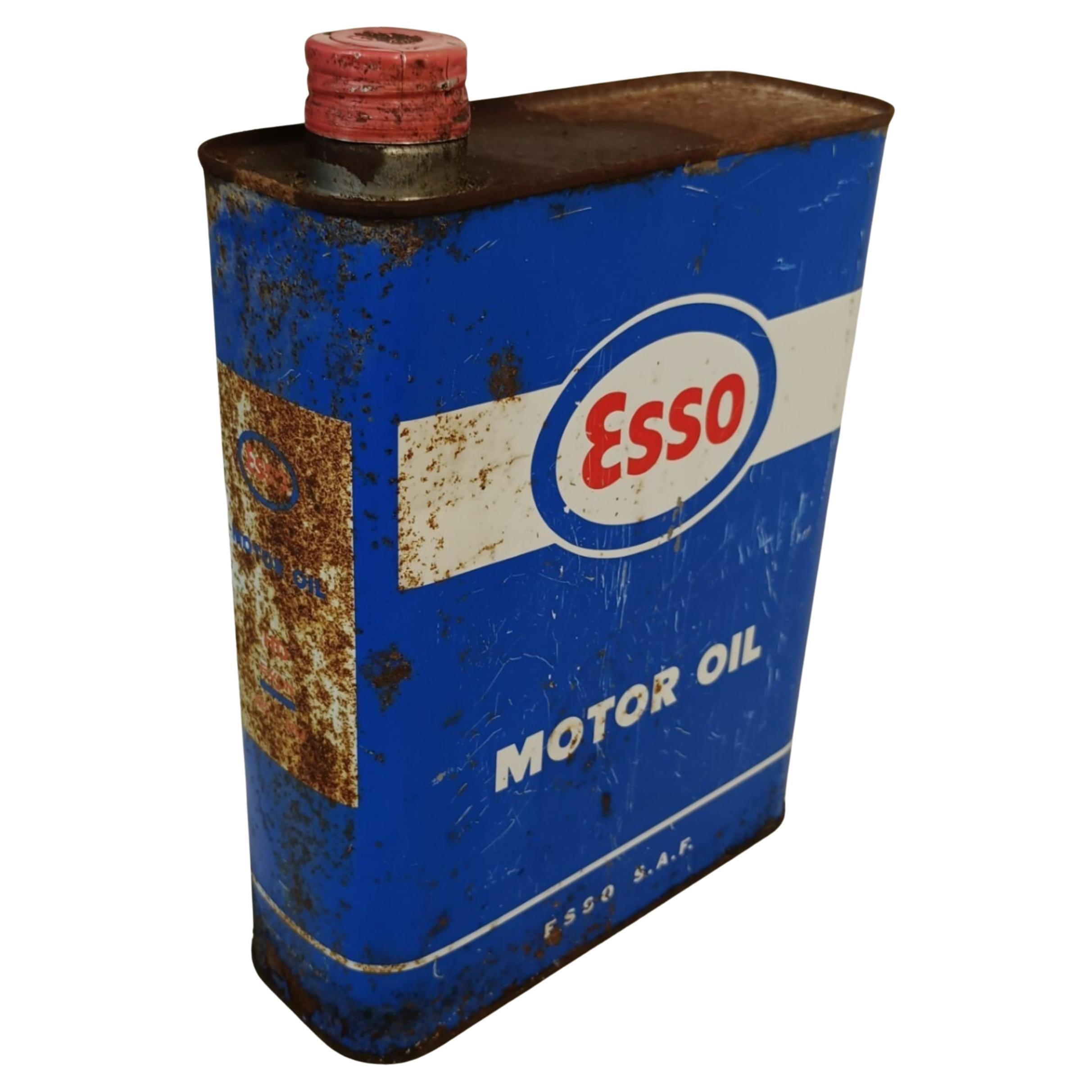 Vintage French ESSO Motor Oil Tin Can, Full, Metal, c. 1970, 9.1 in - 2Y620