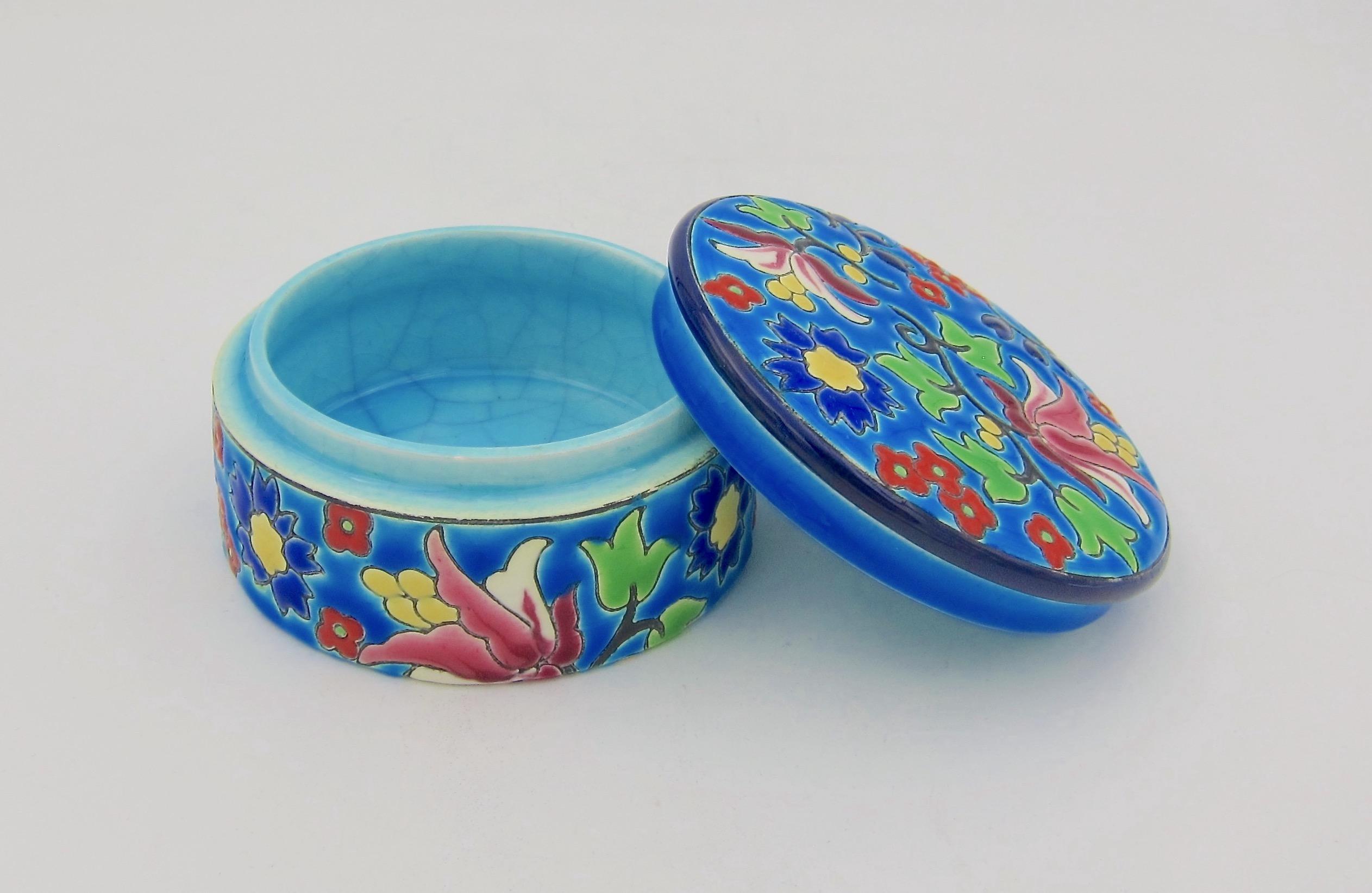 Chinoiserie Vintage French Faience Emaux de Longwy Trinket Box with Craquelure Glaze