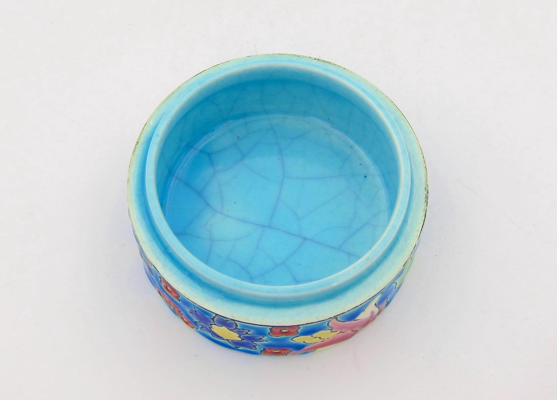 Vintage French Faience Emaux de Longwy Trinket Box with Craquelure Glaze In Good Condition In Los Angeles, CA