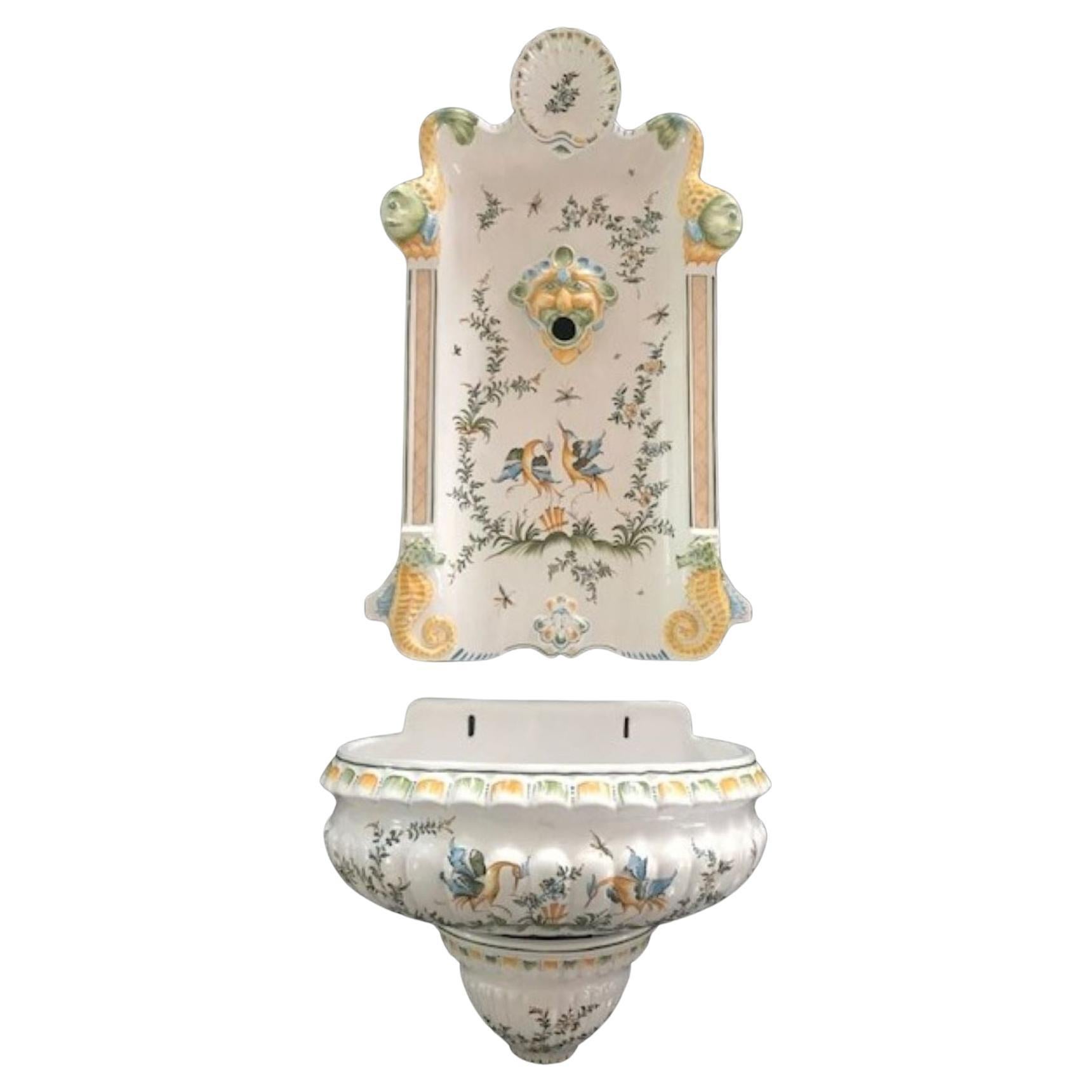 Vintage French Faience Wall Lavabo from Lallier Moustiers, 3 Pieces For Sale