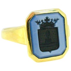 Vintage French Family Crest Agate Intaglio Signet Yellow Gold Ring