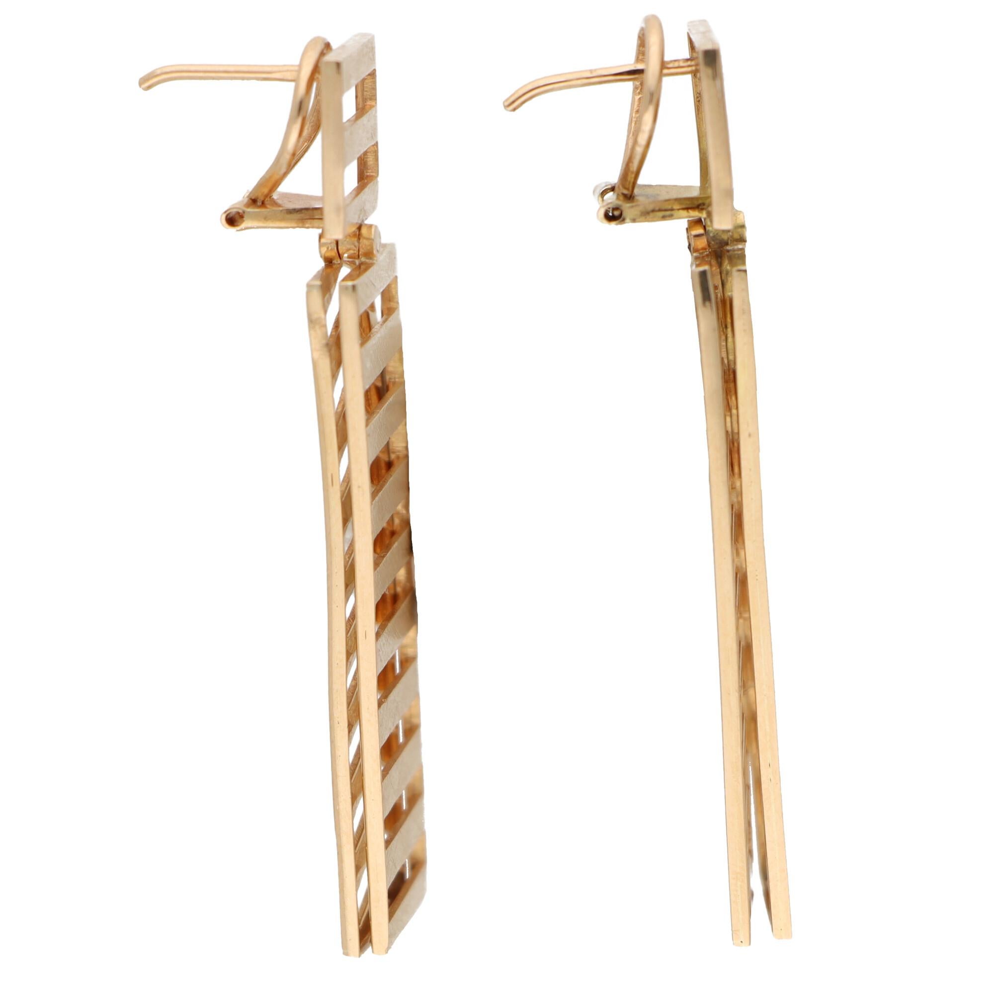 Women's or Men's Vintage French Fan Drop Dangle Earrings Set in 18k Rose Gold For Sale