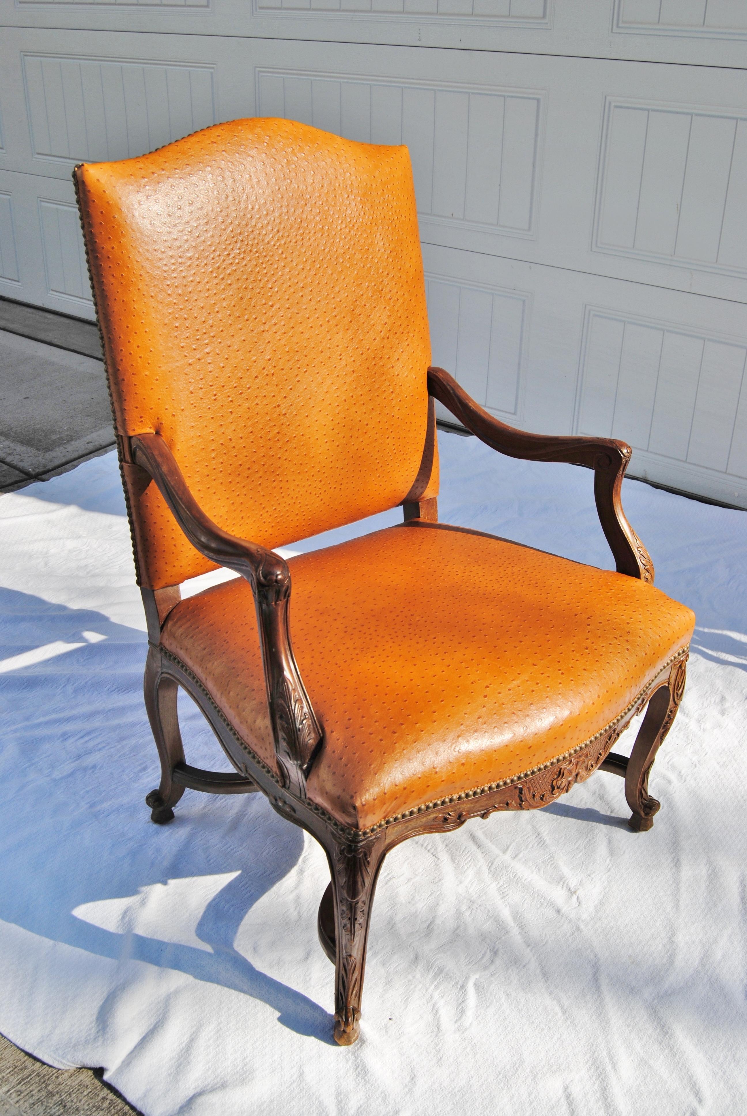 Hand-Carved Vintage French Fauteuil Newly Upholstered in Edelman Faux Ostrich Leather For Sale
