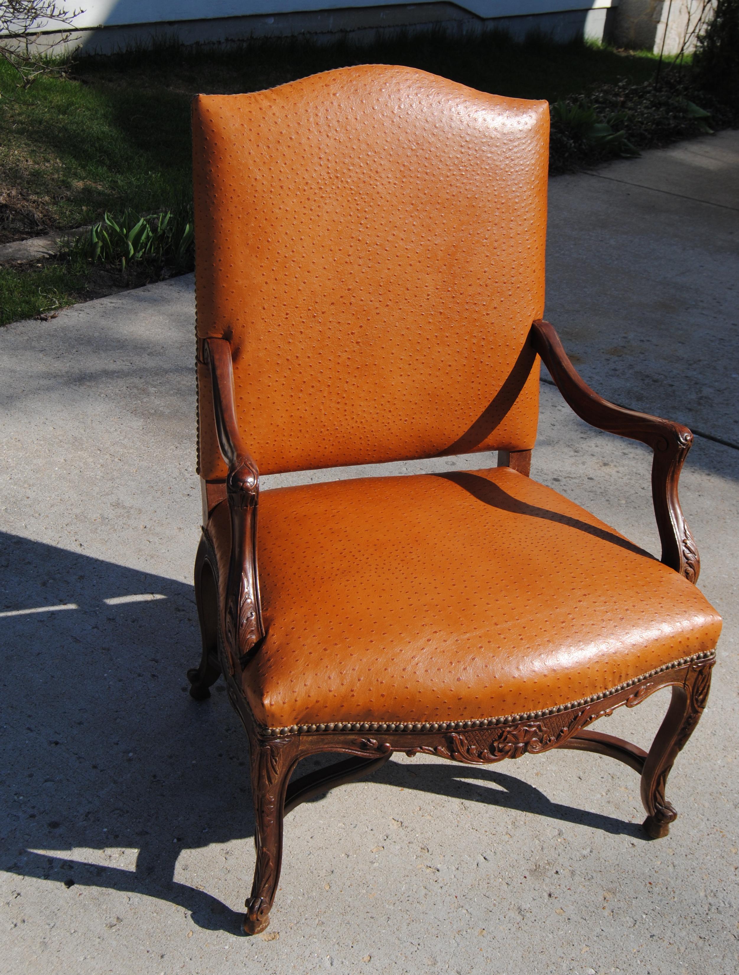 Vintage French Fauteuil Newly Upholstered in Edelman Faux Ostrich Leather In Good Condition For Sale In Glen Ellyn, IL