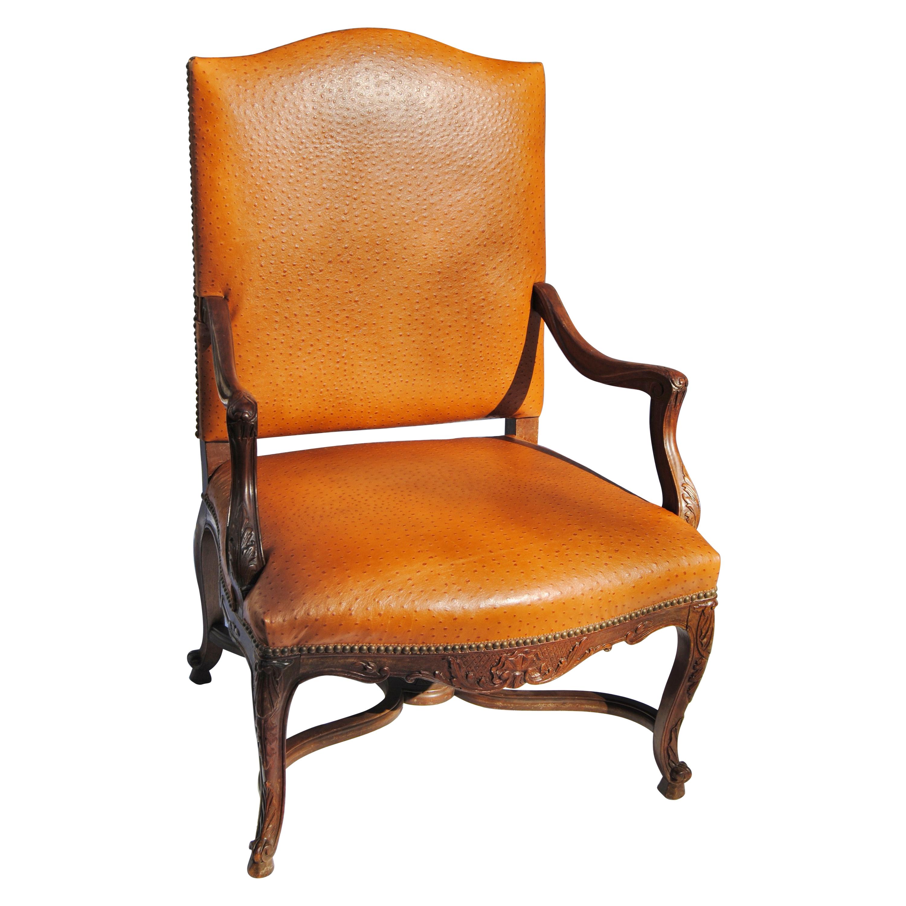 Vintage French Fauteuil Newly Upholstered in Edelman Faux Ostrich Leather For Sale