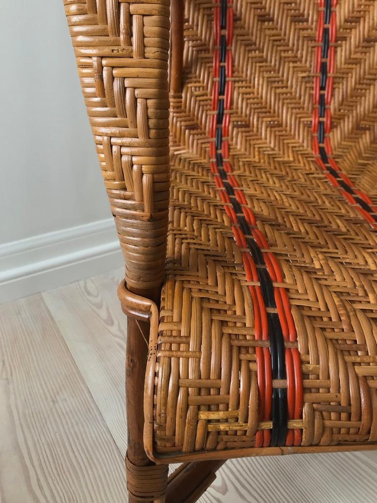 Mid-20th Century Vintage French Fauteuil, Rattan Armchair with Orange Stripes, 1930s