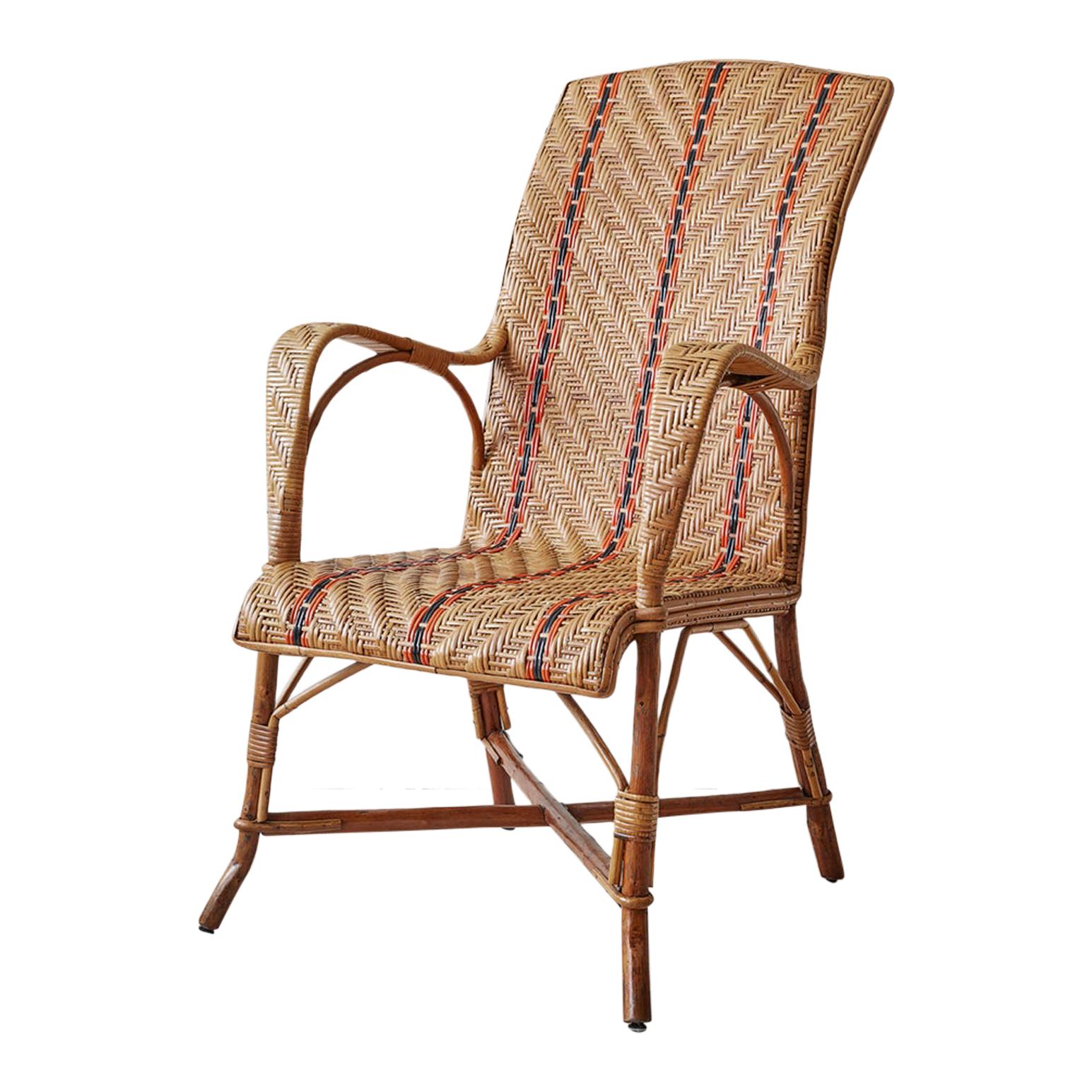 Vintage French Fauteuil, Rattan Armchair with Orange Stripes, 1930s