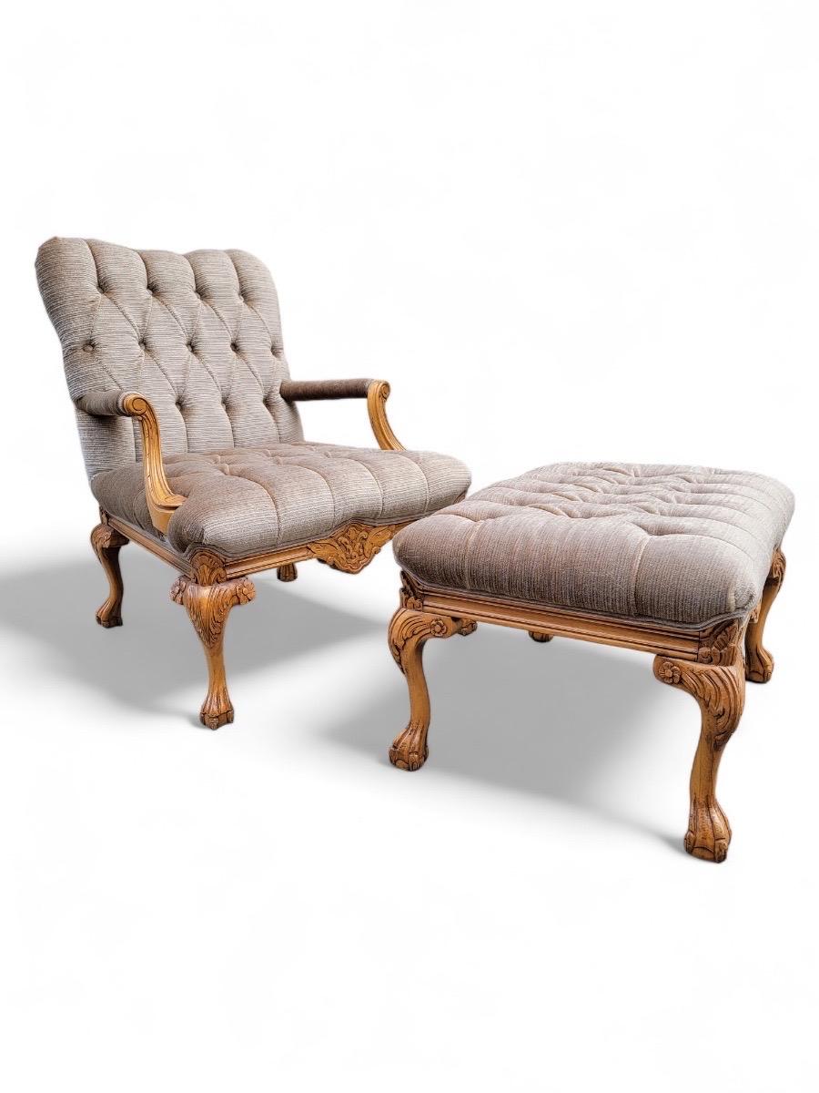Louis XV Vintage French Fauteuil Tufted Armchair & Ottoman Newly Upholstered in Mohair For Sale