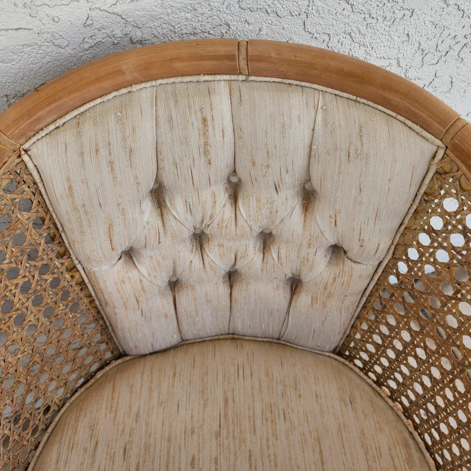Vintage French Faux Bamboo Cane Linen Chairs Pair For Sale 5