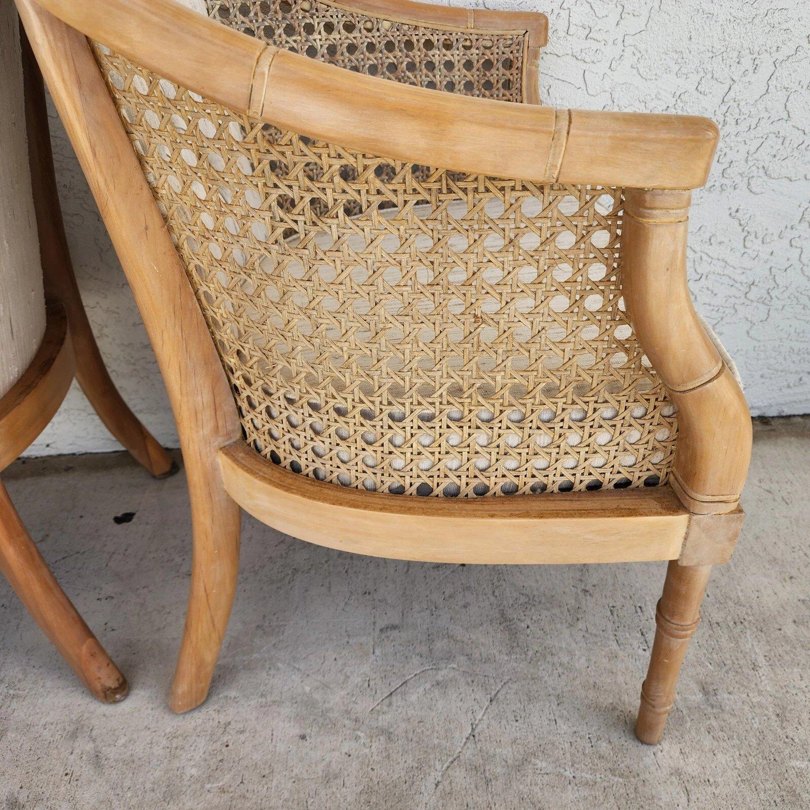 Vintage French Faux Bamboo Cane Linen Chairs Pair For Sale 7