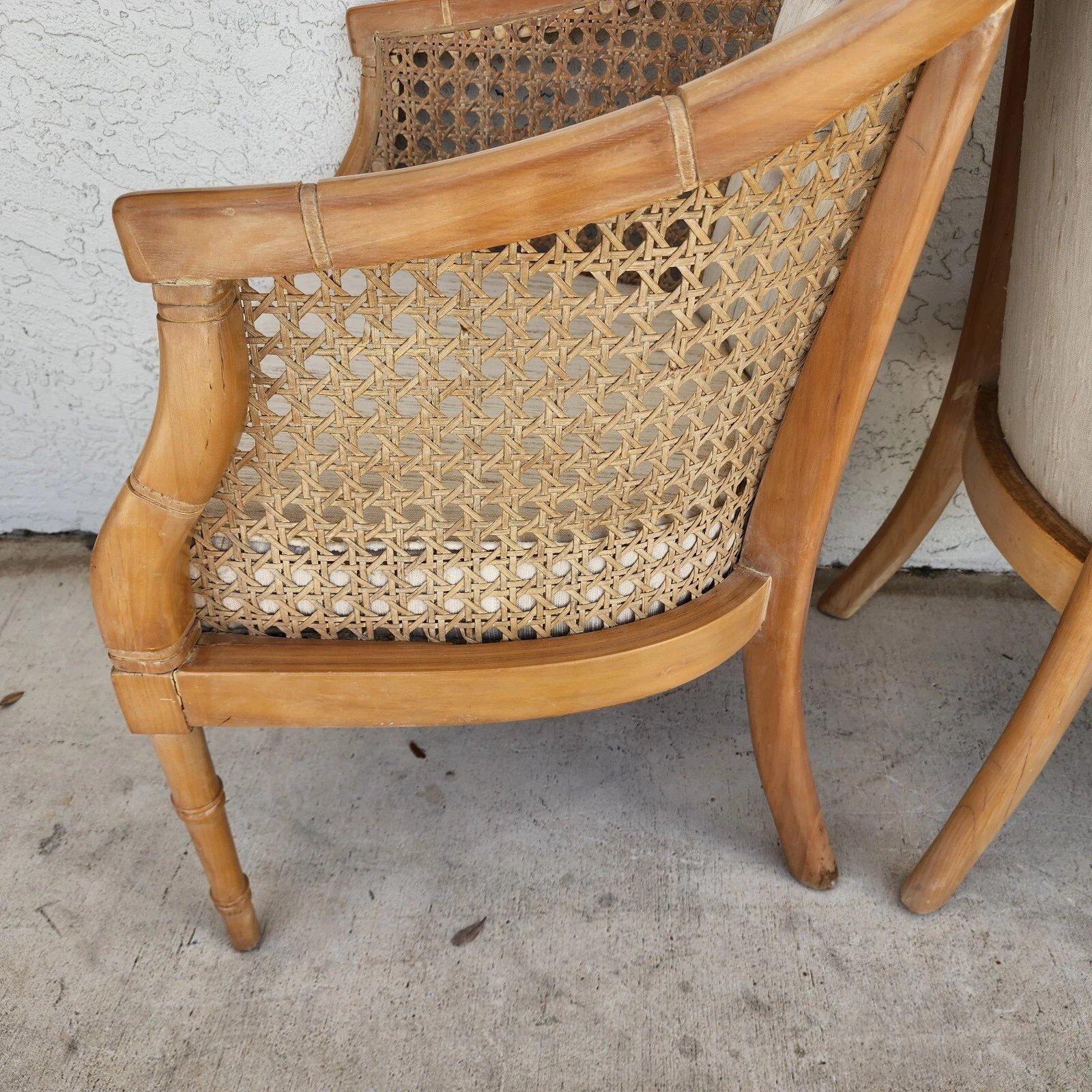 Vintage French Faux Bamboo Cane Linen Chairs Pair For Sale 8