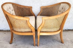 Vintage French Faux Bamboo Cane Linen Chairs Pair