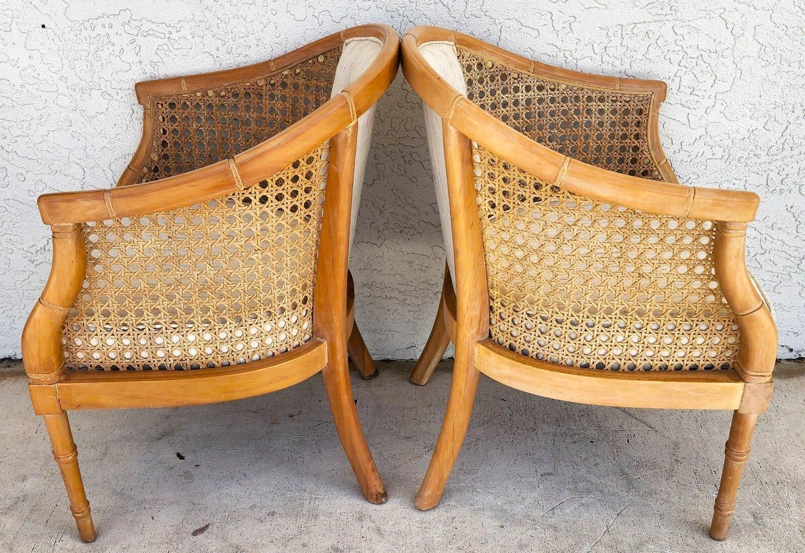 French Provincial Vintage French Faux Bamboo Cane Linen Chairs Pair For Sale