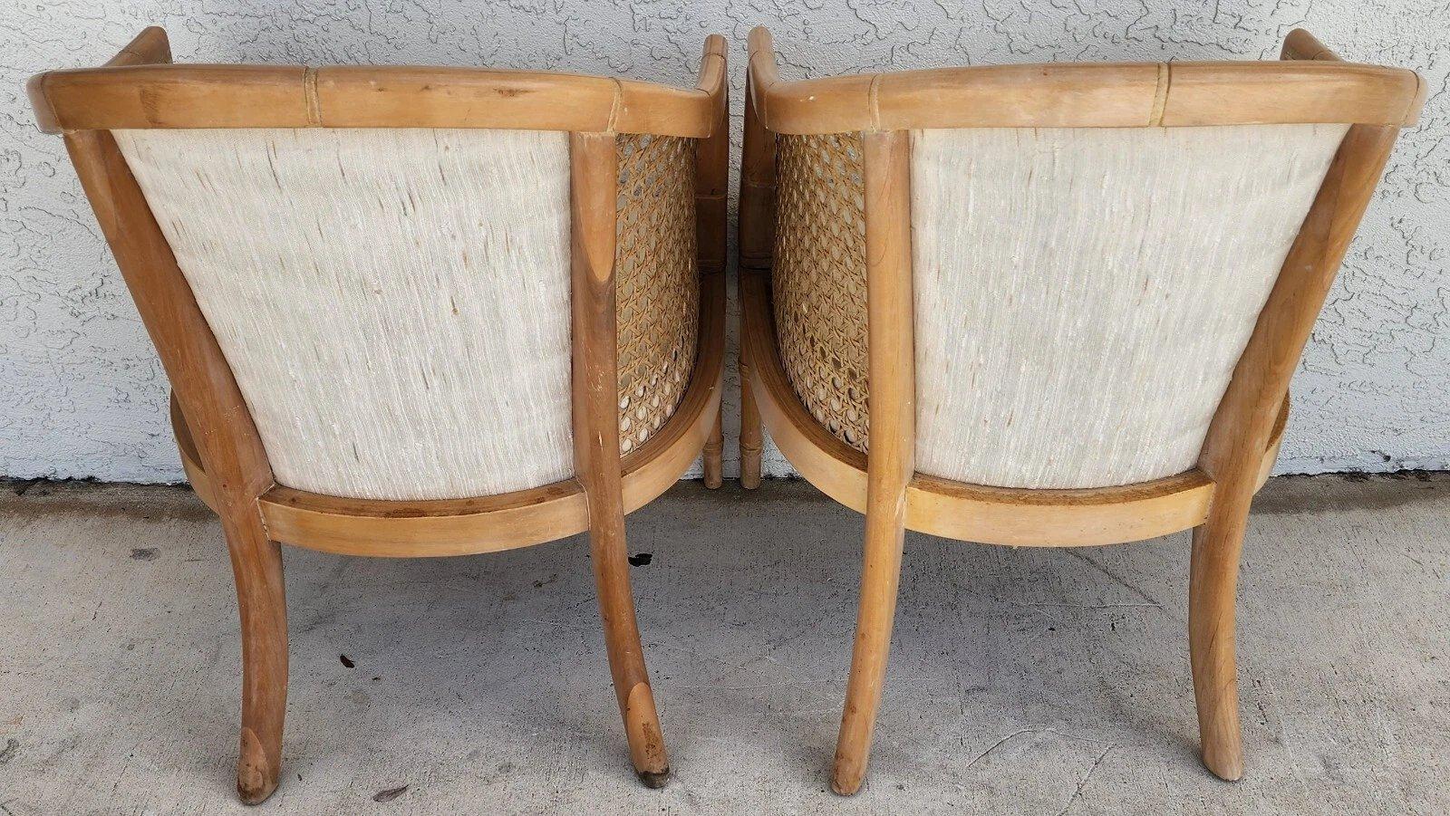 Vintage French Faux Bamboo Cane Linen Chairs Pair In Good Condition For Sale In Lake Worth, FL