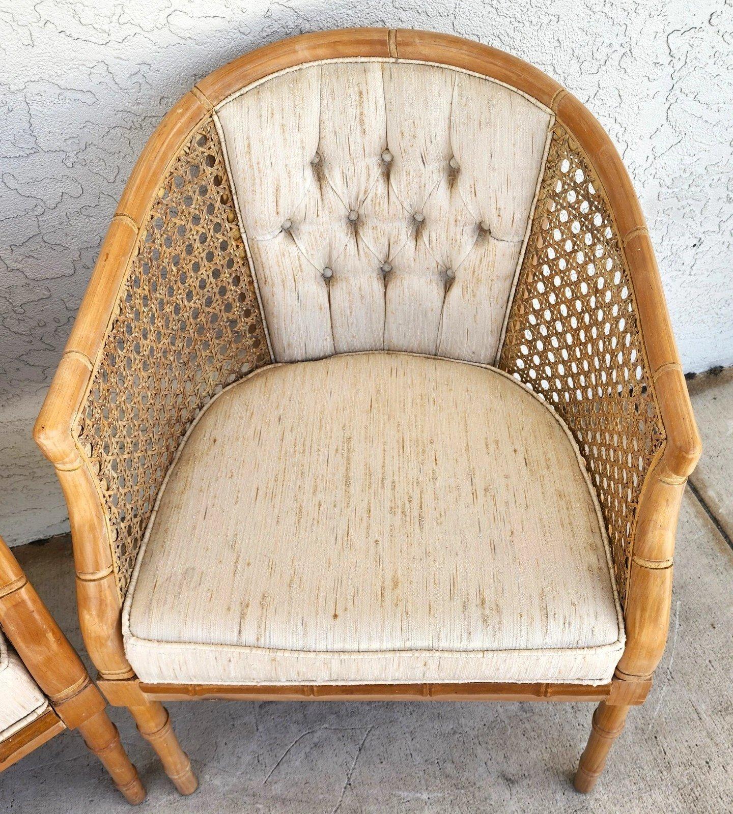 Late 20th Century Vintage French Faux Bamboo Cane Linen Chairs Pair For Sale