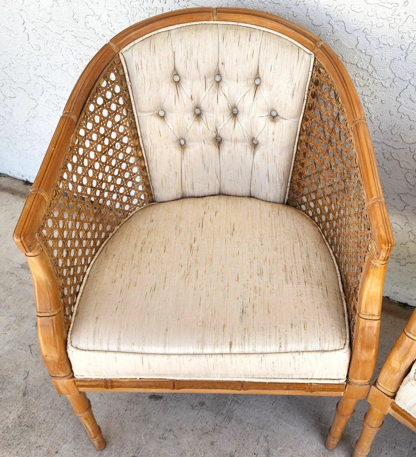 Vintage French Faux Bamboo Cane Linen Chairs Pair For Sale 1