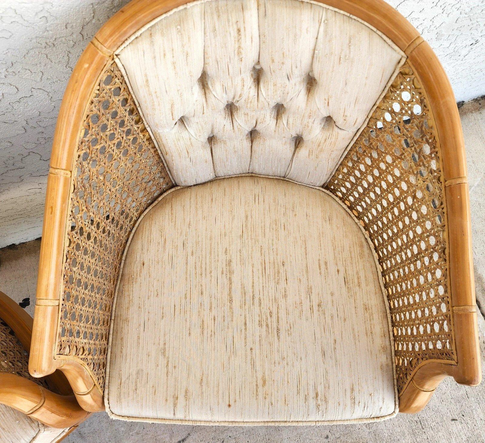 Vintage French Faux Bamboo Cane Linen Chairs Pair For Sale 2