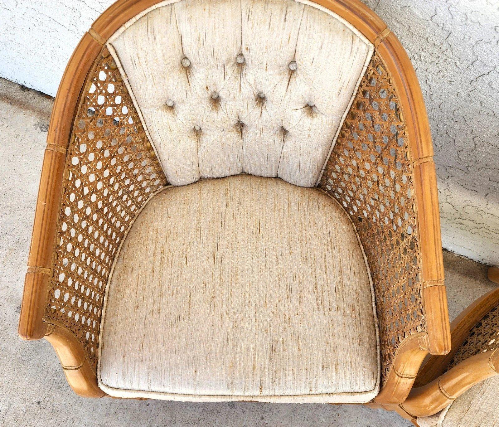Vintage French Faux Bamboo Cane Linen Chairs Pair For Sale 3