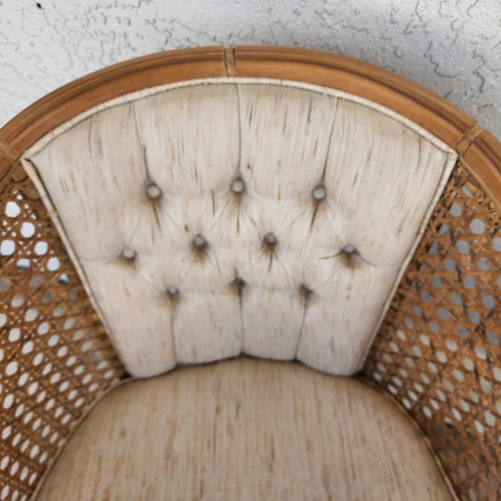Vintage French Faux Bamboo Cane Linen Chairs Pair For Sale 4