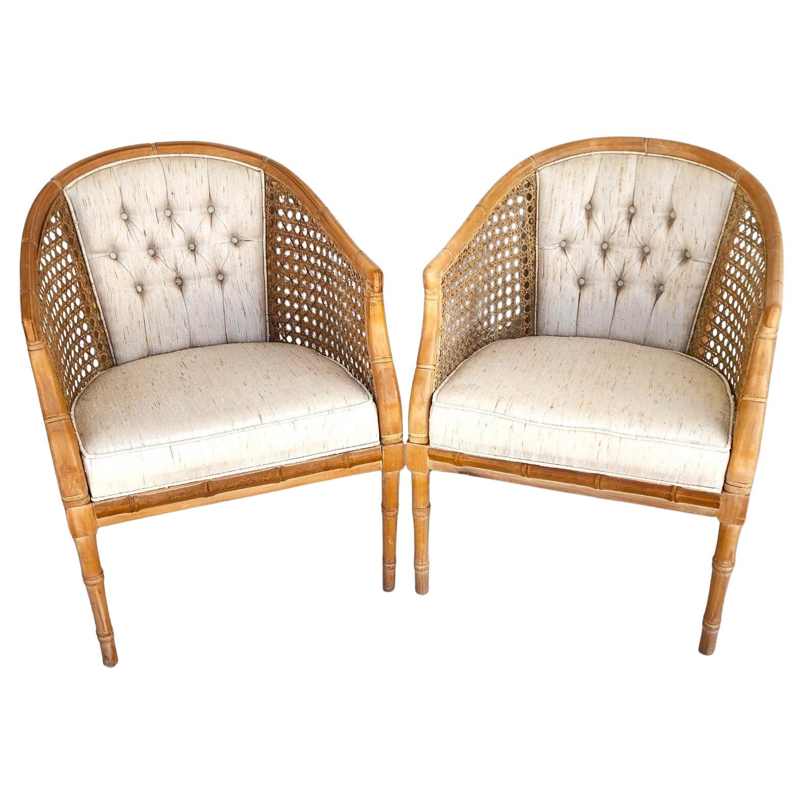Vintage French Faux Bamboo Cane Linen Chairs Pair For Sale