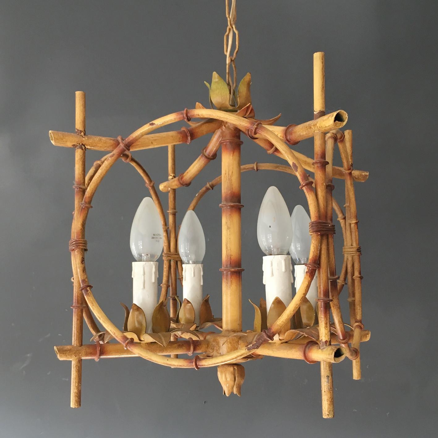 20th Century Vintage French Faux Bamboo Pagoda Tole Light, 1950s
