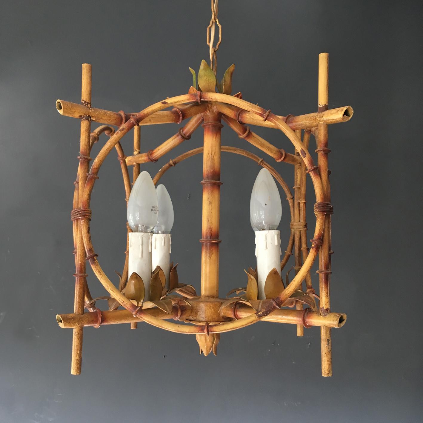 Vintage French Faux Bamboo Pagoda Tole Light, 1950s 1