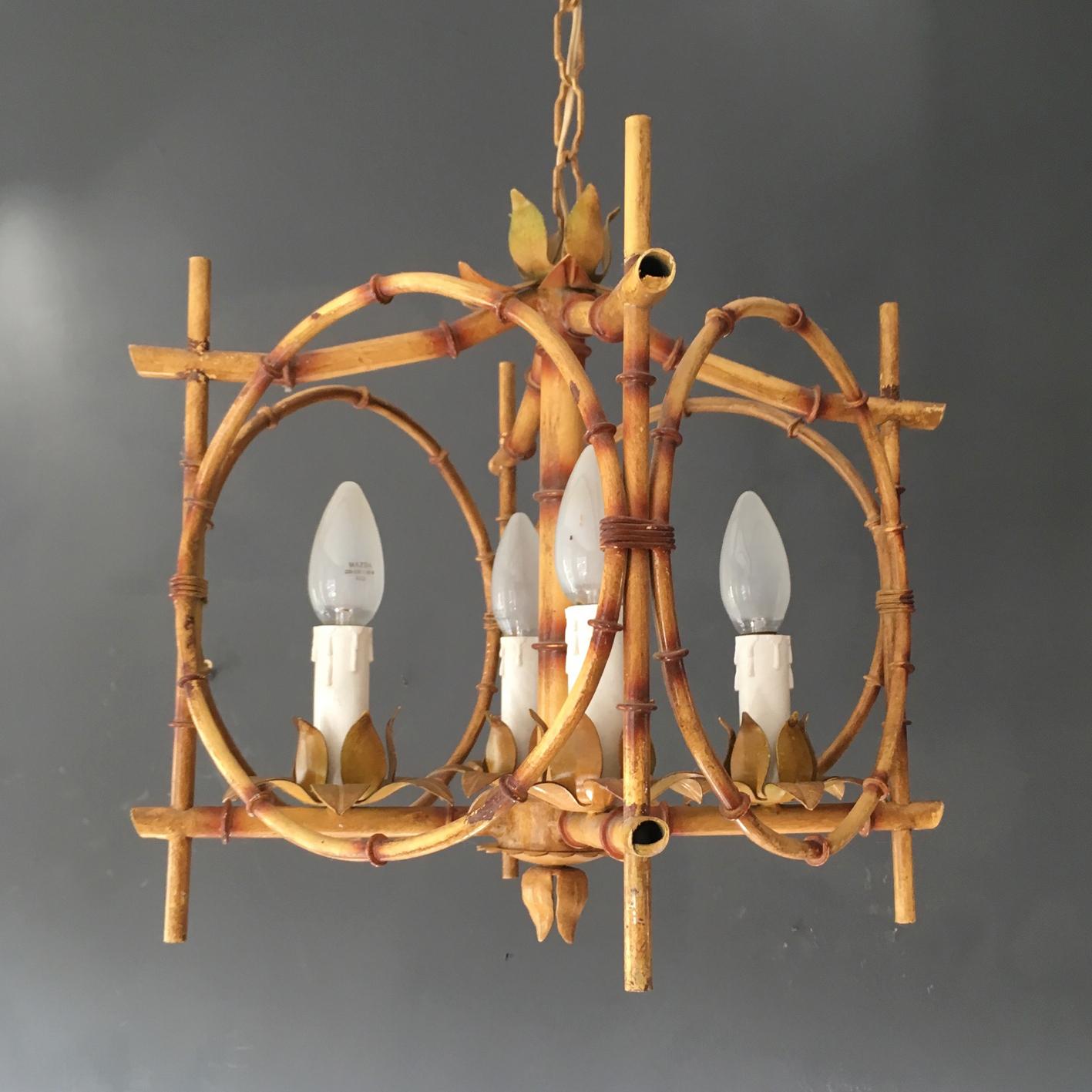 Vintage French Faux Bamboo Pagoda Tole Light, 1950s 2