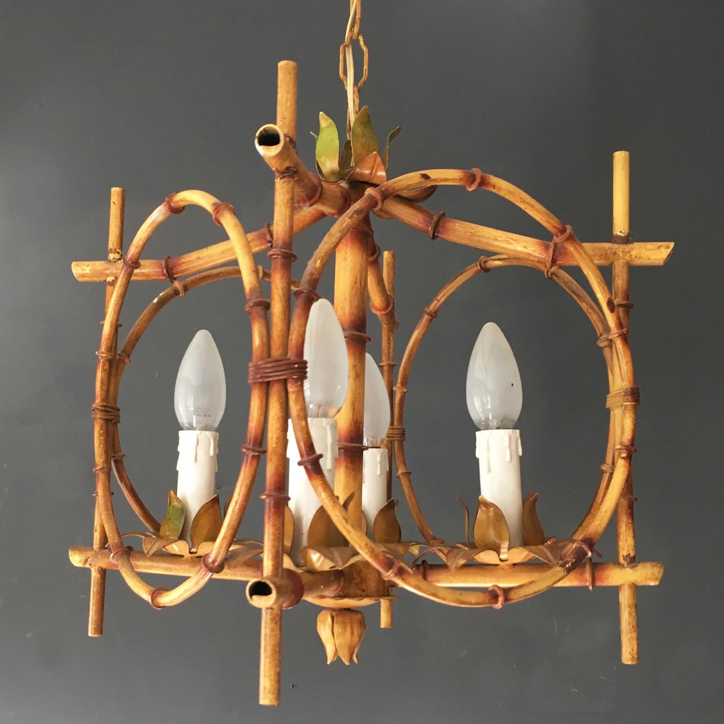 Vintage French Faux Bamboo Pagoda Tole Light, 1950s 3