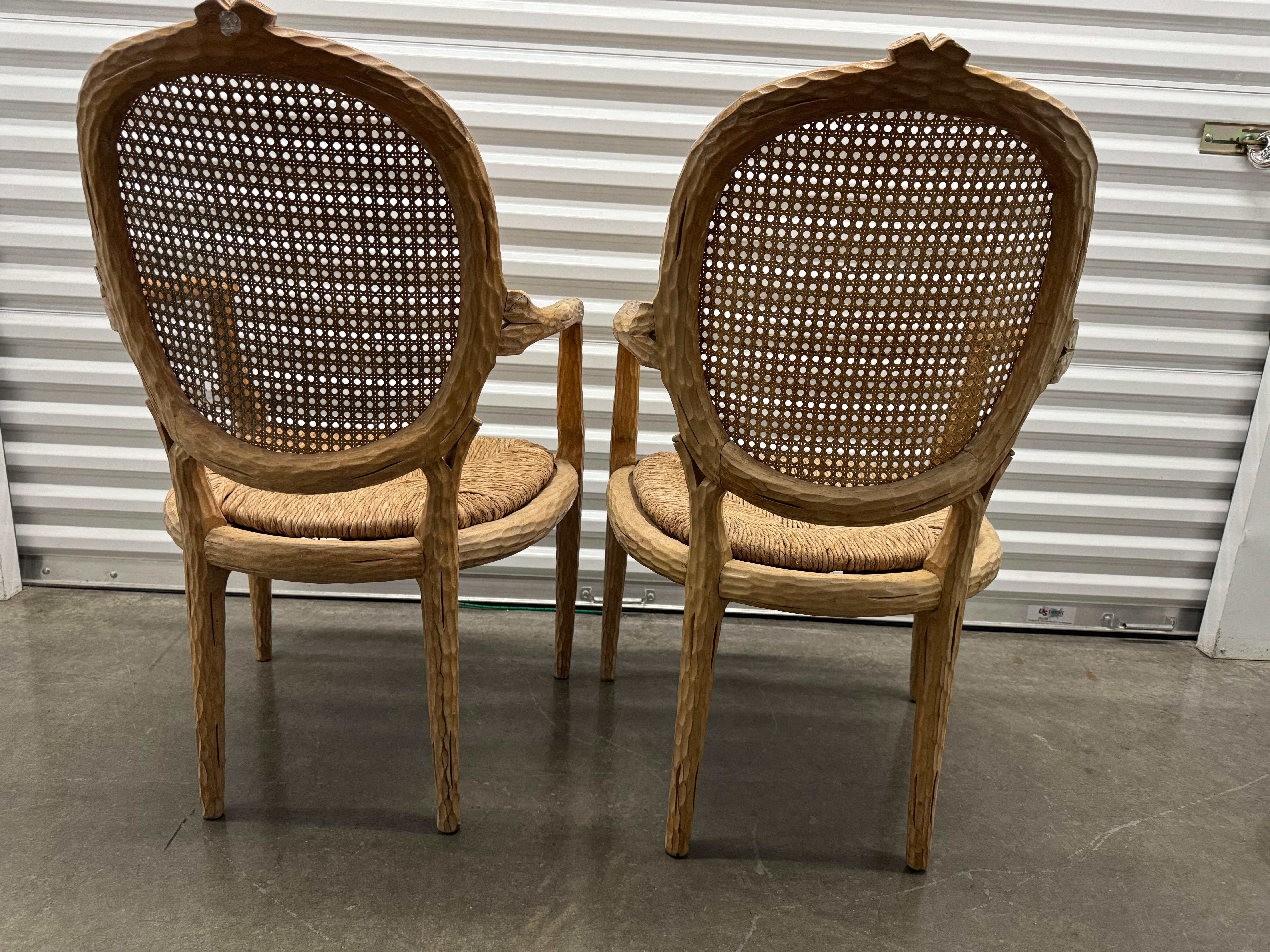 Hollywood Regency Vintage French Faux Bois Chairs With Rush Seat and Cane Back - A Pair