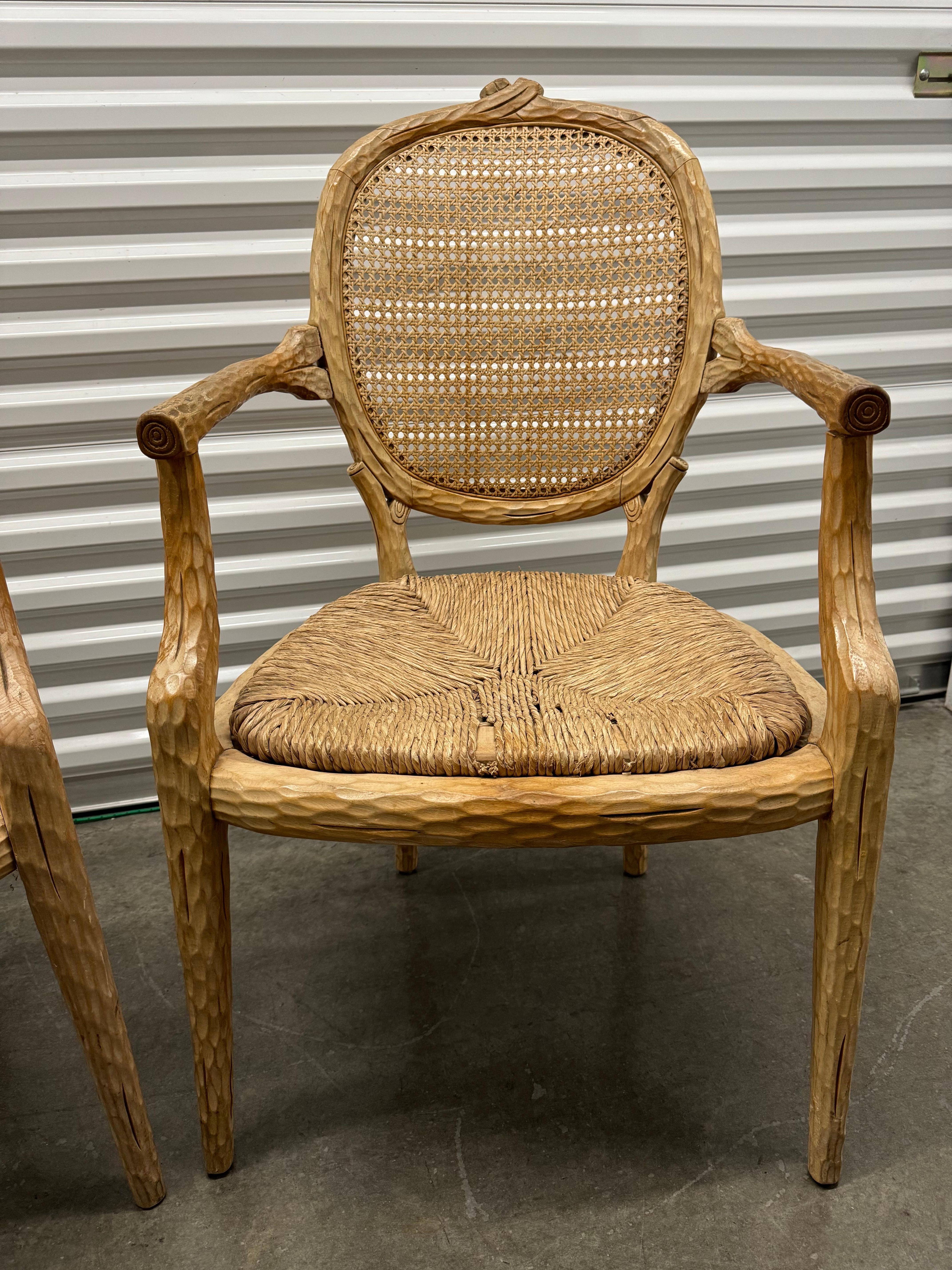 Hand-Carved Vintage French Faux Bois Chairs With Rush Seat and Cane Back - A Pair
