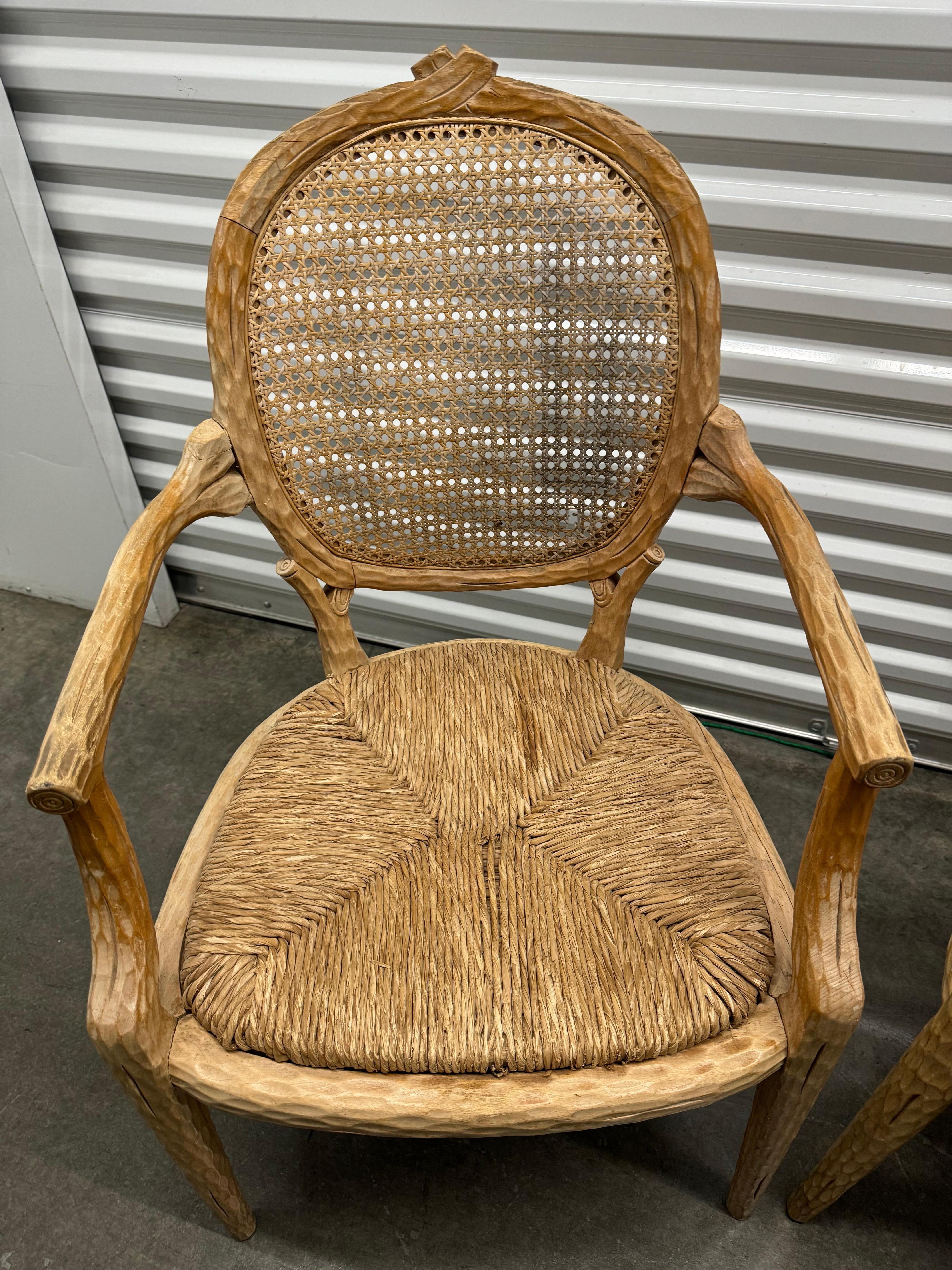 Vintage French Faux Bois Chairs With Rush Seat and Cane Back - A Pair In Good Condition In San Carlos, CA