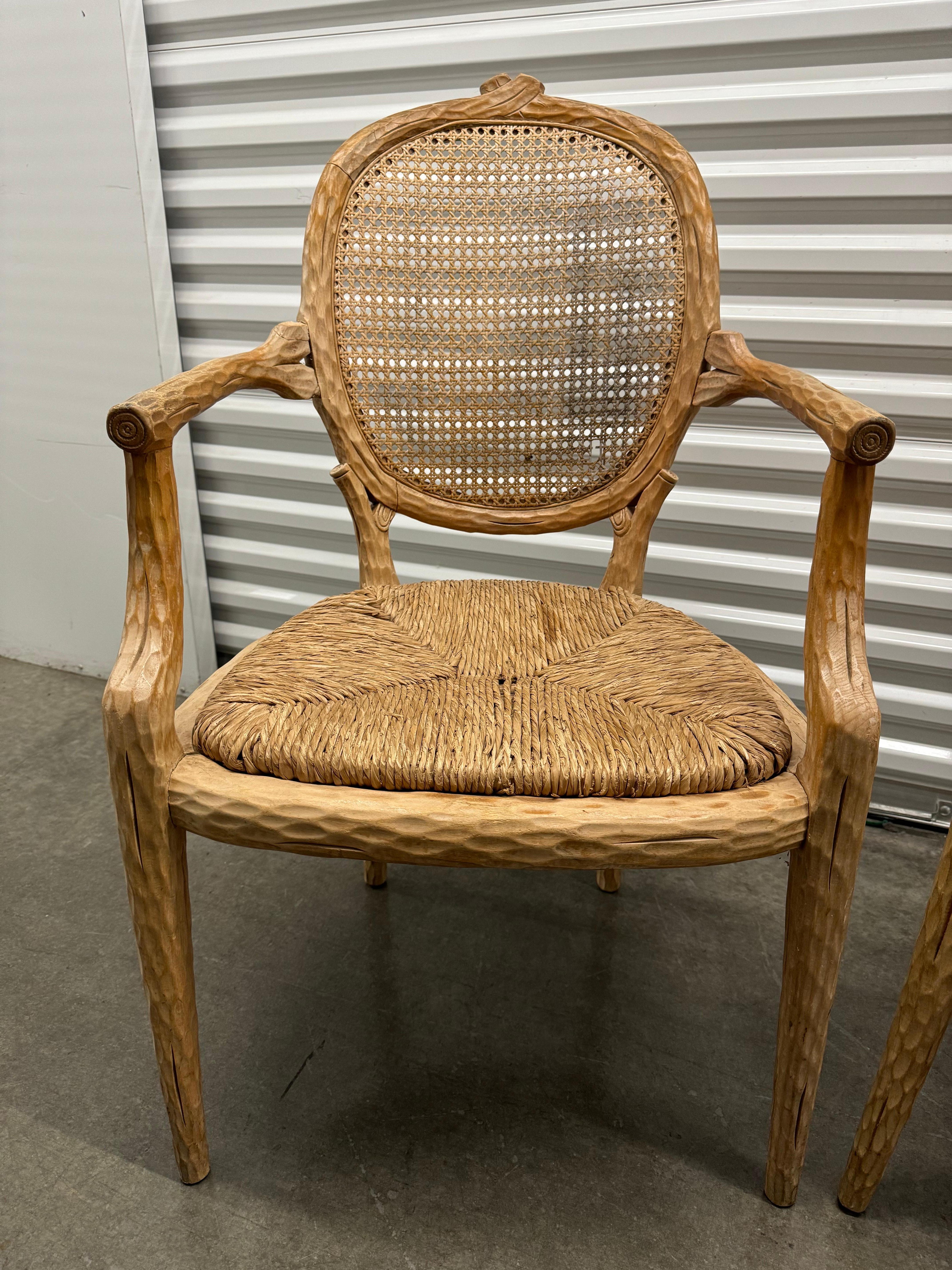 Late 20th Century Vintage French Faux Bois Chairs With Rush Seat and Cane Back - A Pair