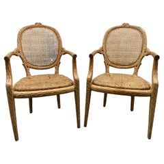 Vintage French Faux Bois Chairs With Rush Seat and Cane Back - A Pair