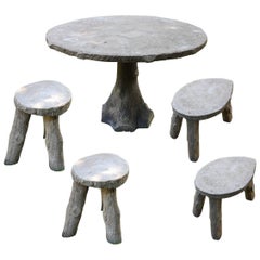 Vintage French Faux Bois Table and Four Stools