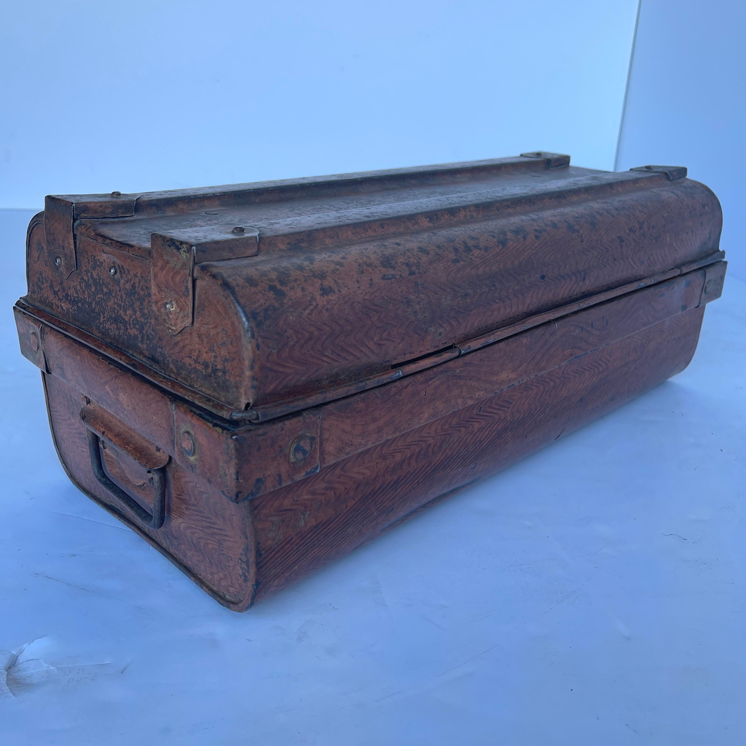 Vintage French Faux Bois Tole and Brass Metal Strong Box 6