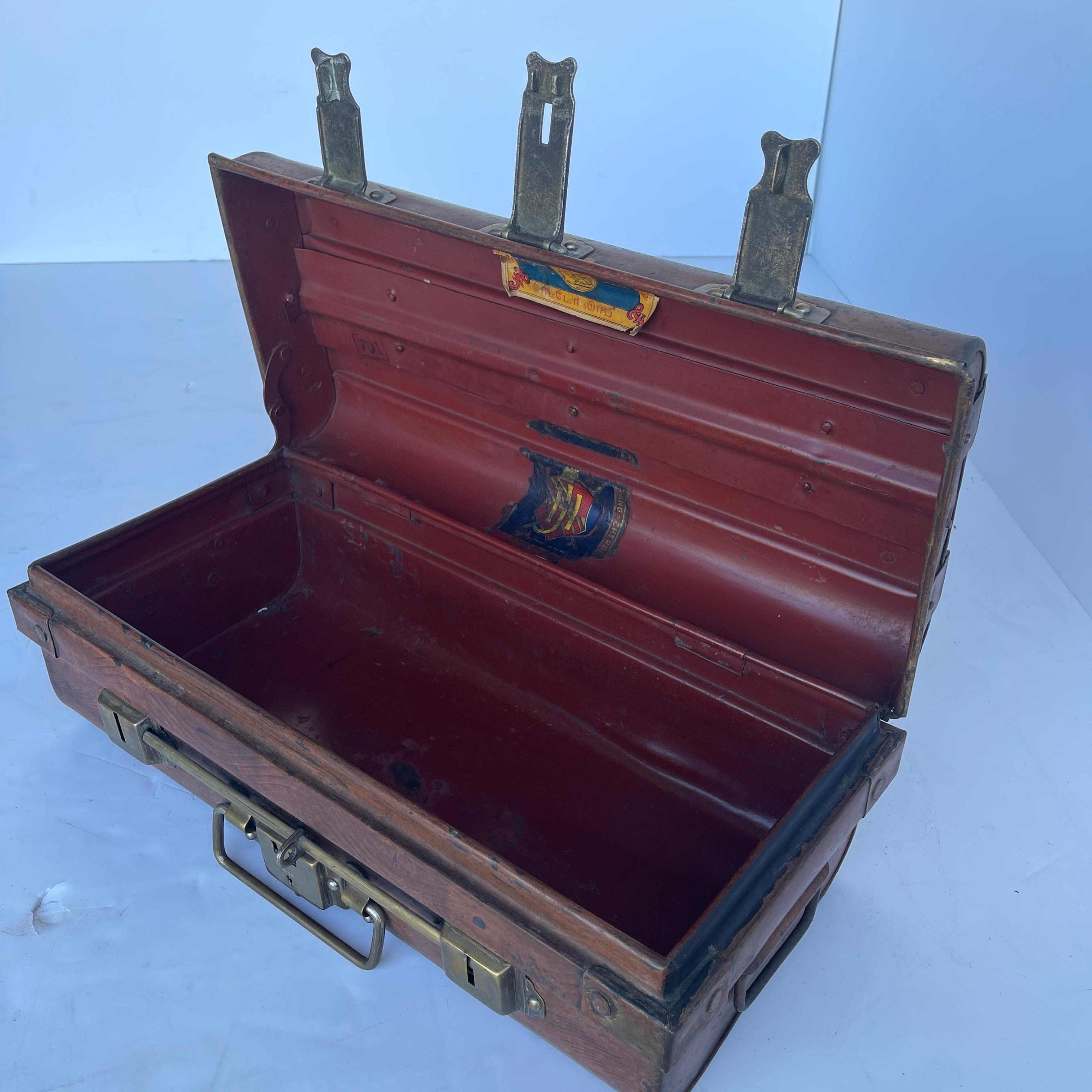 Vintage French Faux Bois Tole and Brass Metal Strong Box 9