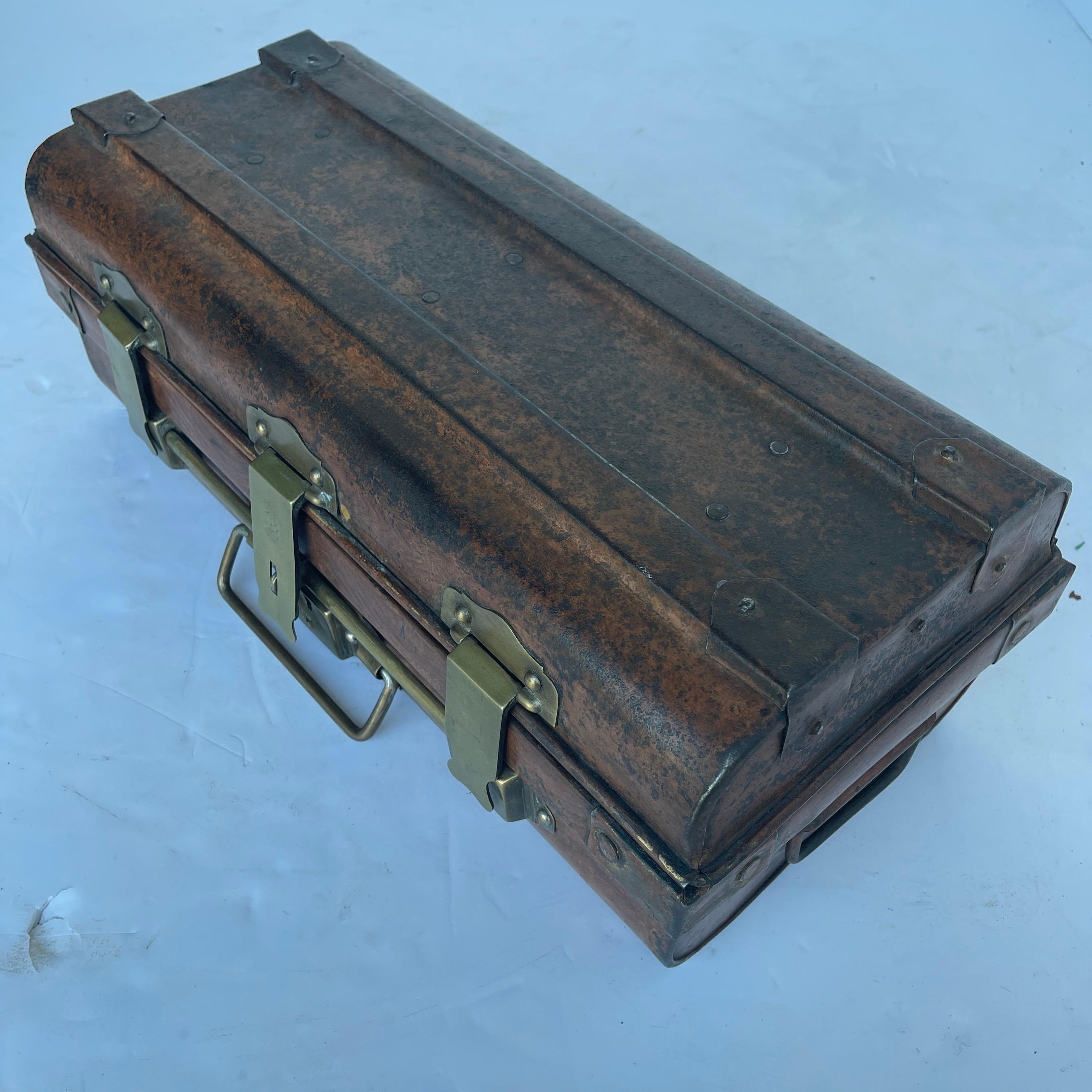 Vintage French Faux Bois Tole and Brass Metal Strong Box In Good Condition In Haddonfield, NJ