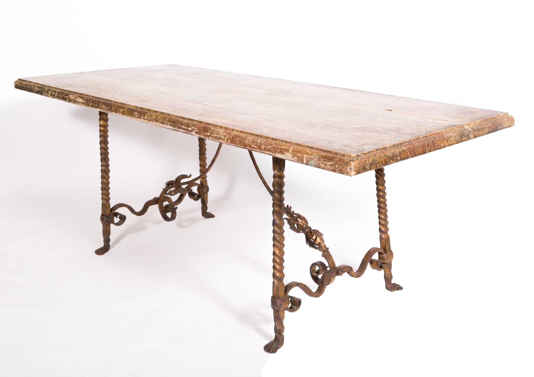 Vintage French Faux-Marble Table with Gilded Iron Base 3