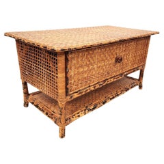 Vintage French Faux Tortoise Bamboo Coffee Table Bench