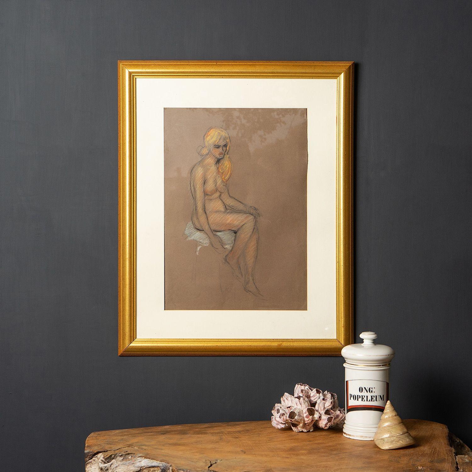 Vintage Original French Female Nude Life Drawing Portrait Study Mid 20th Century In Good Condition For Sale In Bristol, GB