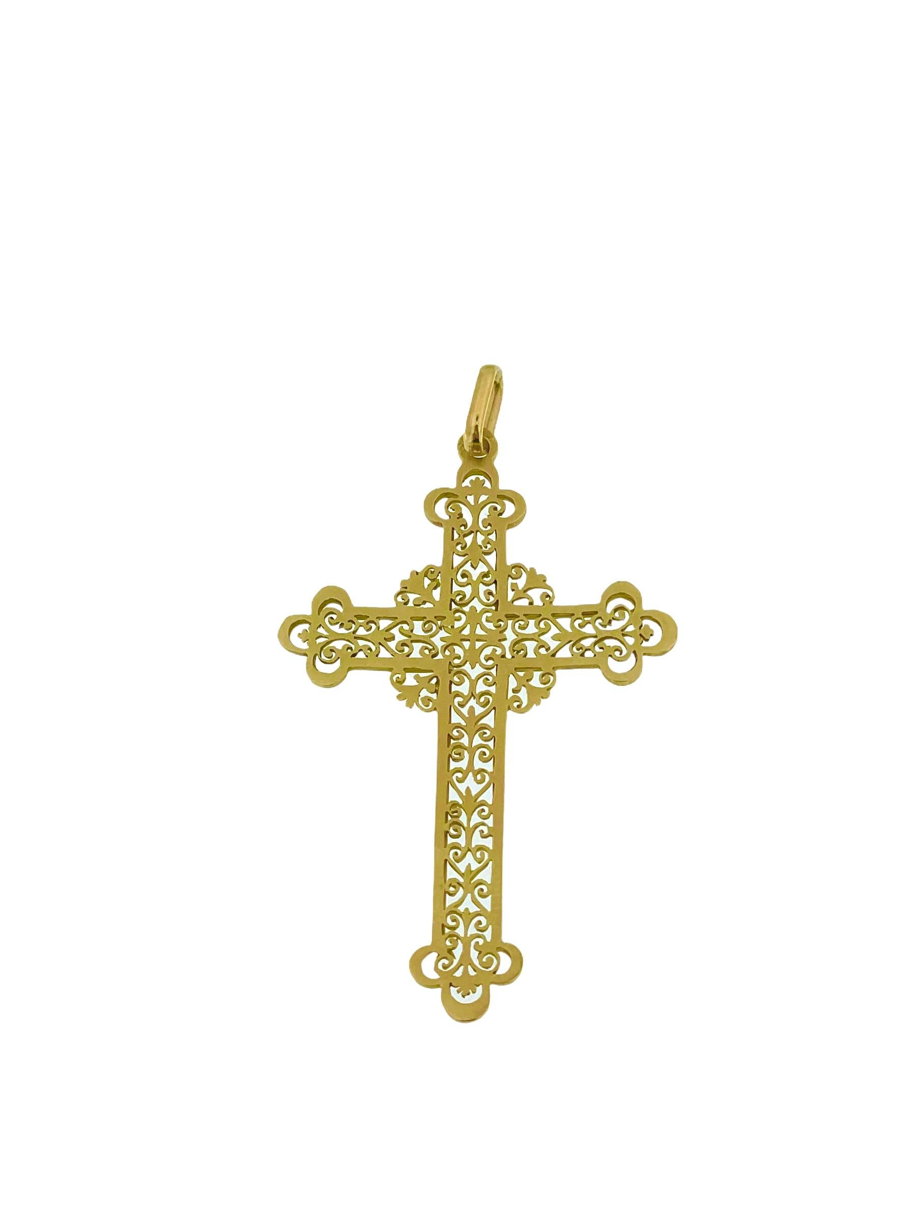 Artisan Vintage French Filigree Cross Yellow Gold For Sale