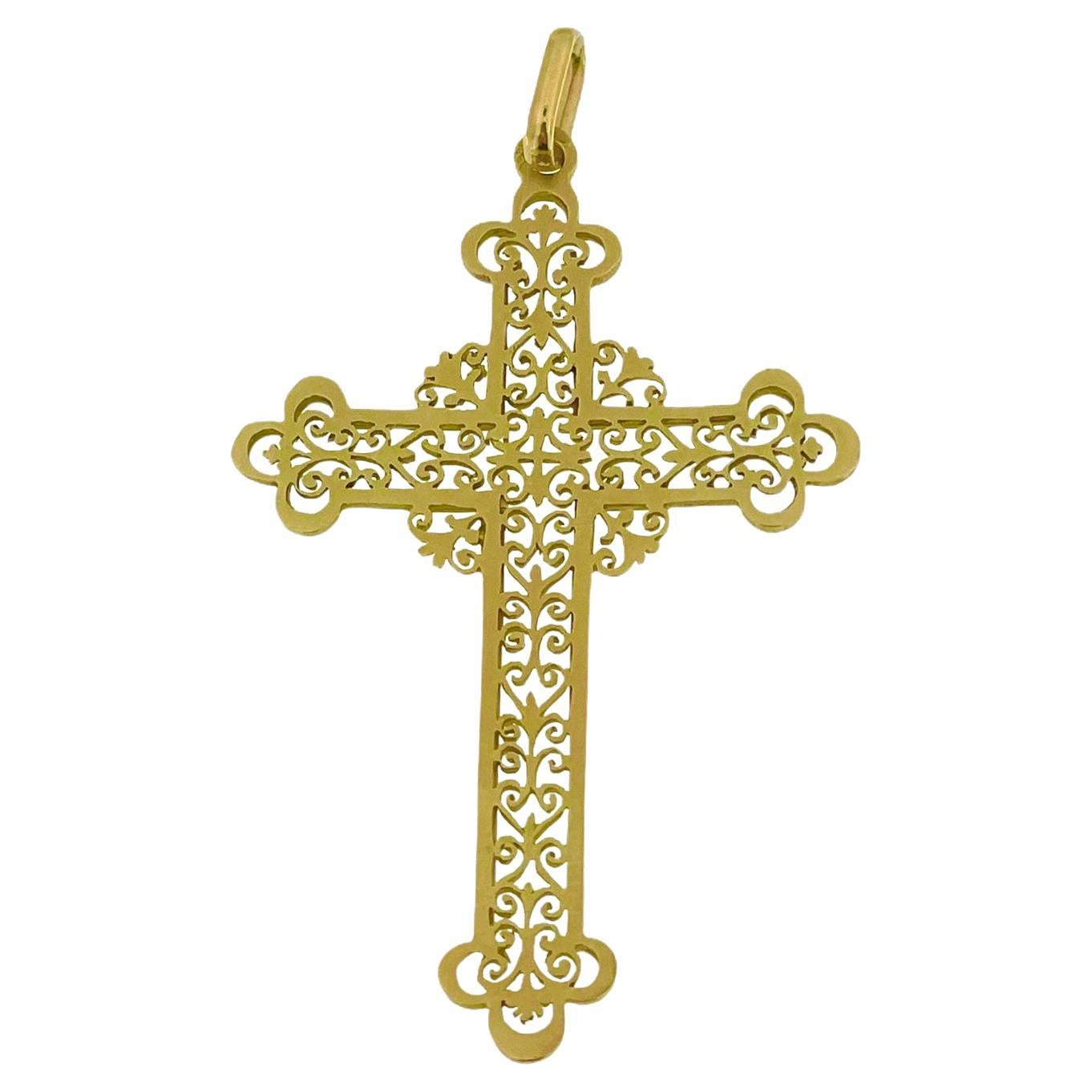 Vintage French Filigree Cross Yellow Gold
