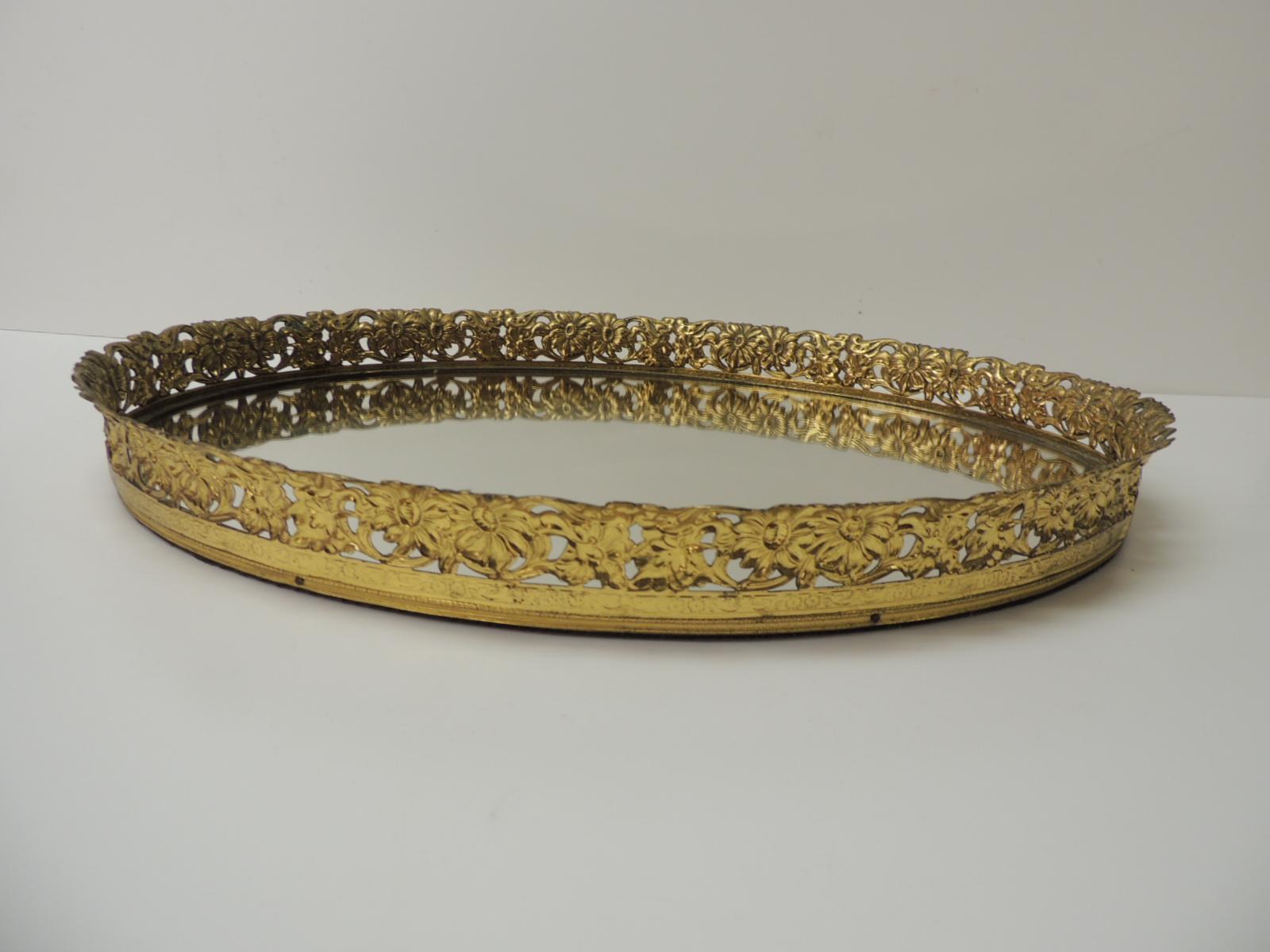 Art déco Vieux French Filigree Large Oval Brass Vanity Tray with Mirror